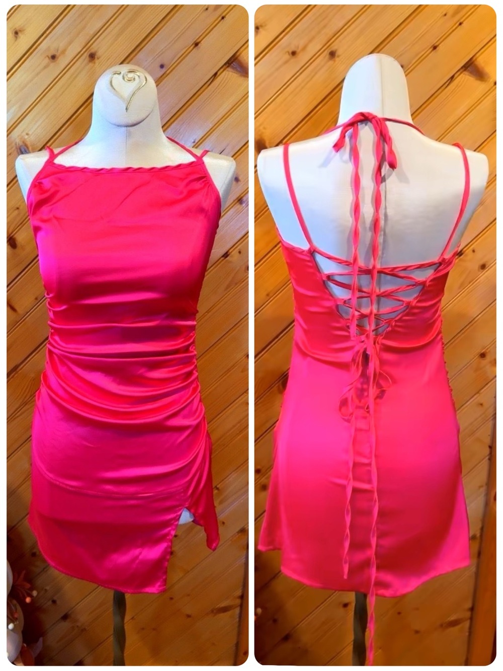 SHEIN Hot Pink Satin Corset Lace Up Mini Dress XS NWOT